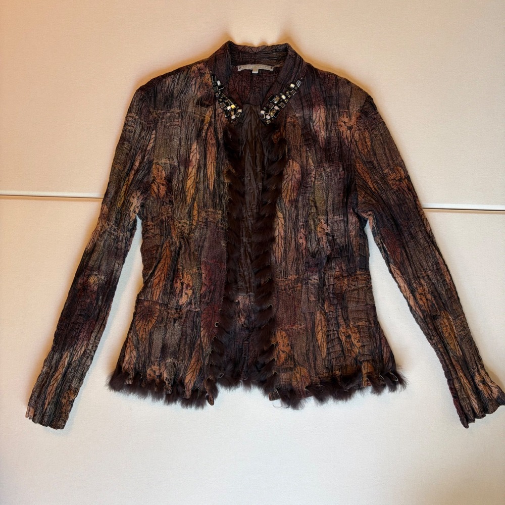 Passion Concept Fur Trim Embellished Jacket Large Brown Crinkle Beaded Excellent